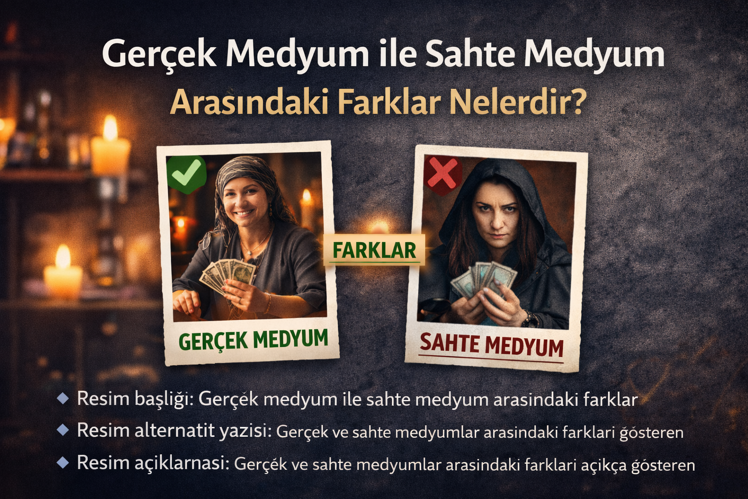 Gerçek medyum ile sahte medyum arasındaki farkları gösteren, güvenilir ve güvensiz medyum karşılaştırmasını anlatan görsel