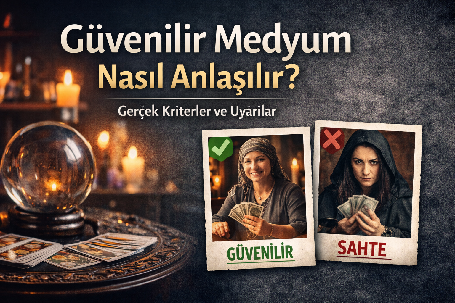 Güvenilir medyum nasıl anlaşılır sorusuna yönelik, gerçek ve sahte medyum karşılaştırmasını gösteren bilgilendirici görsel