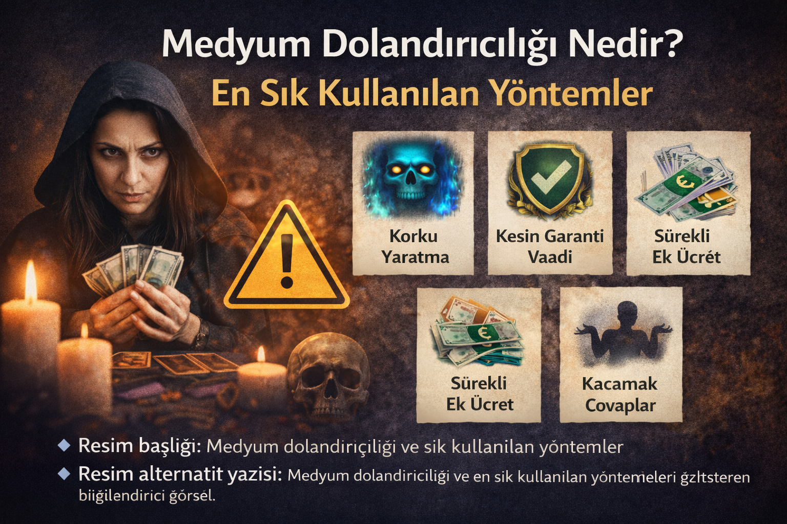 Medyum dolandırıcılığı nedir sorusuna yönelik, sahte medyumların en sık kullandığı yöntemleri gösteren bilgilendirici görsel