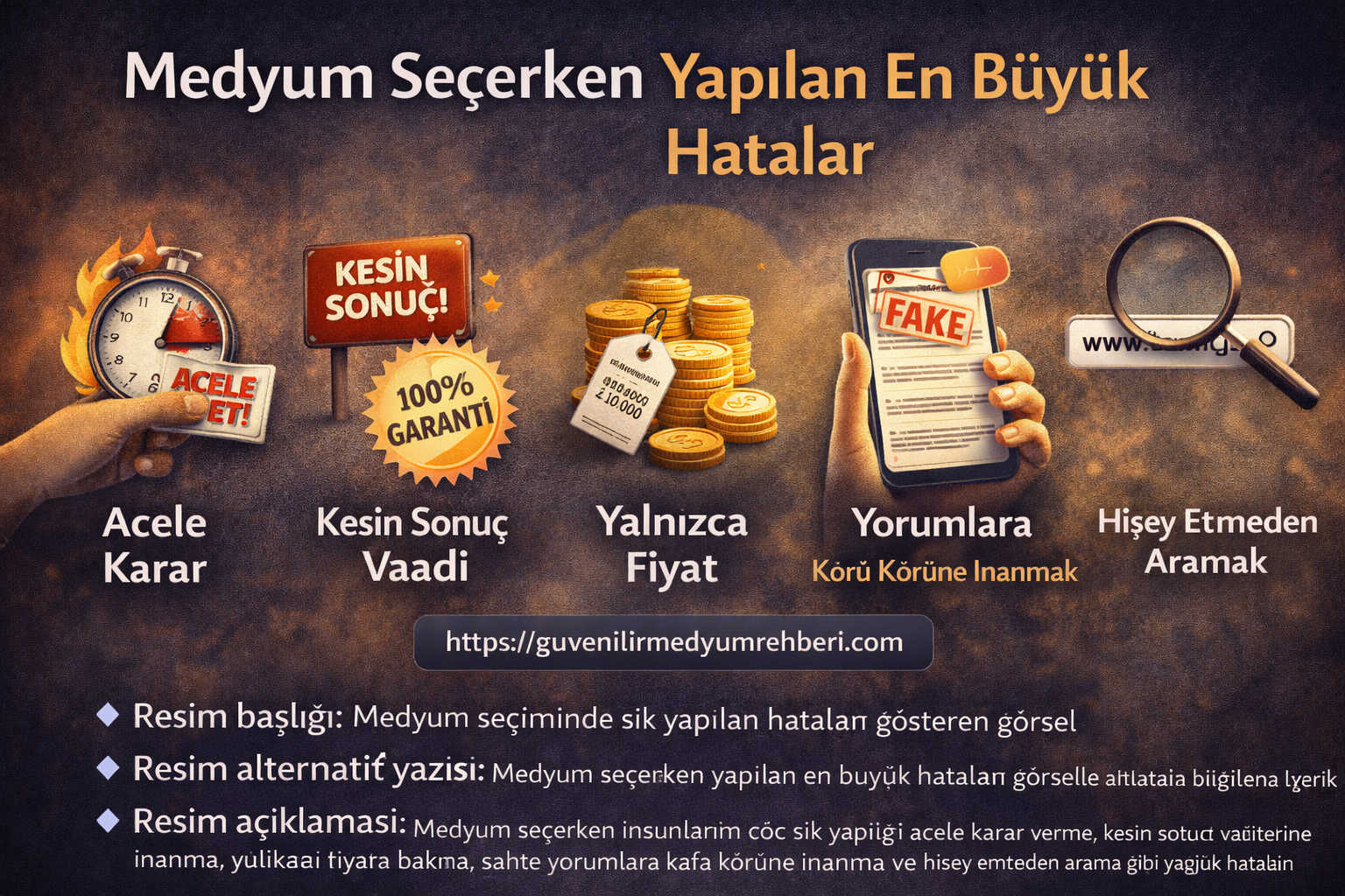 Medyum seçerken yapılan en büyük hataları gösteren, acele karar verme, kesin sonuç vaadi ve sahte yorumlara inanma gibi riskleri anlatan bilgilendirici görsel