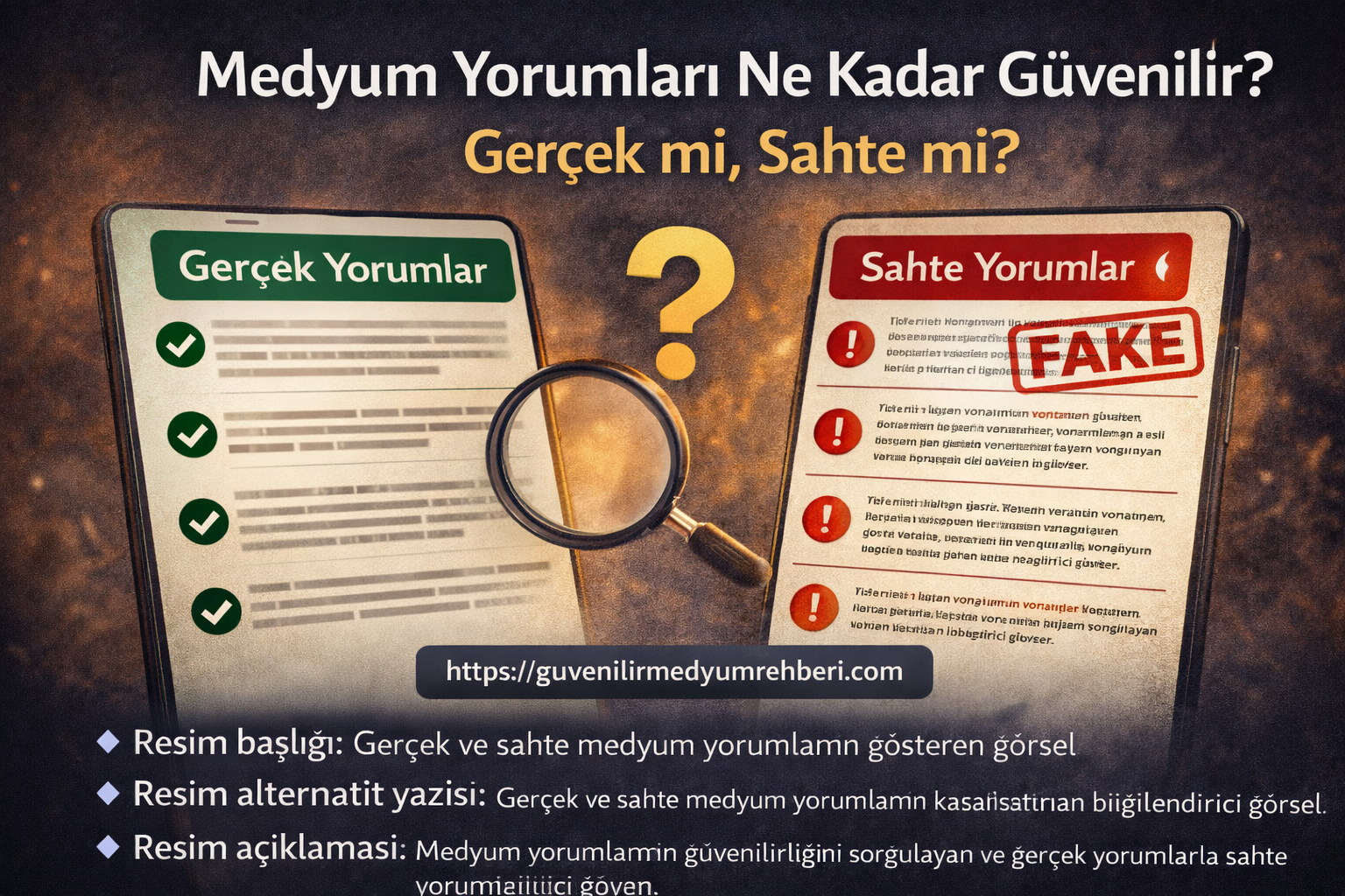 Medyum yorumları ne kadar güvenilir sorusuna yönelik, gerçek ve sahte medyum yorumlarını karşılaştıran bilgilendirici görsel