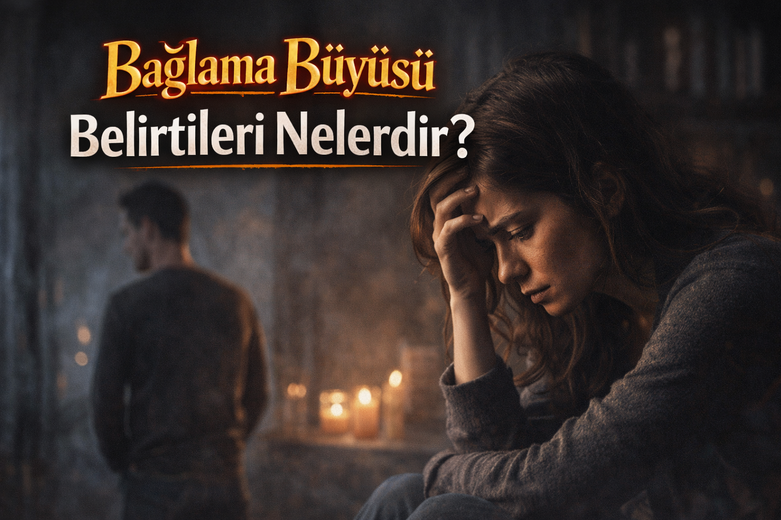 Bağlama büyüsü belirtilerini simgeleyen gerçekçi görsel, huzursuz bir kadın ve arka planda uzak duran erkek figürü ile duygusal ve zihinsel etkileri anlatan makale kapak görseli.