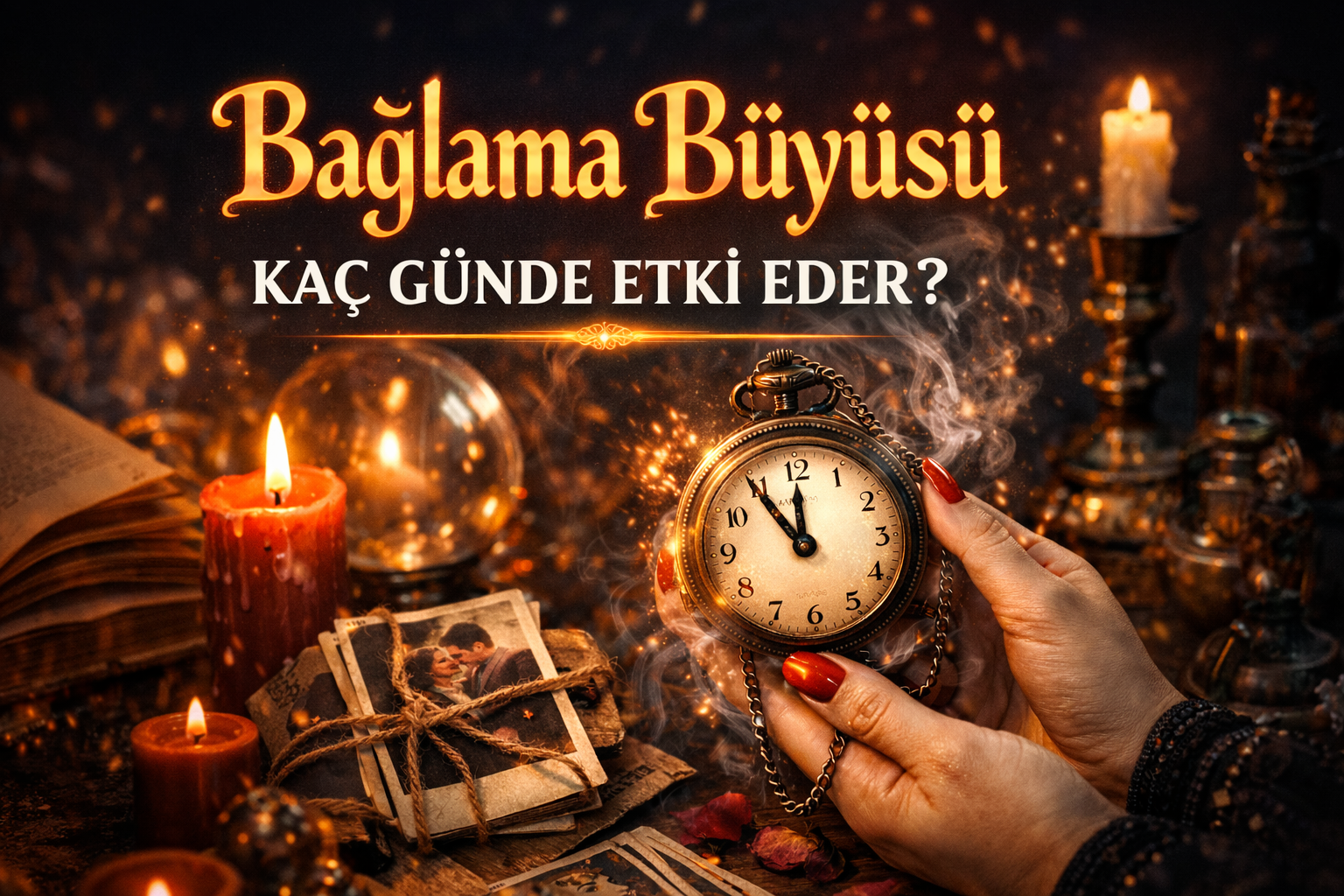 Bağlama büyüsü kaç günde etki eder sorusunu anlatan, saat ve mistik objeler içeren bağlama büyüsü görseli