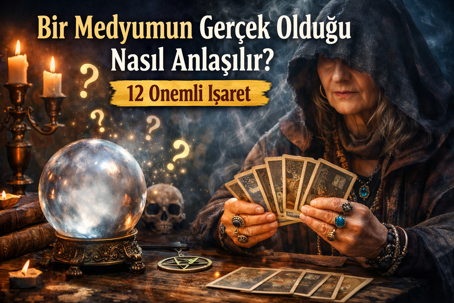 Gerçek bir medyumun nasıl anlaşılacağını gösteren tarot kartları ve kristal küre bulunan spiritüel danışmanlık sahnesi