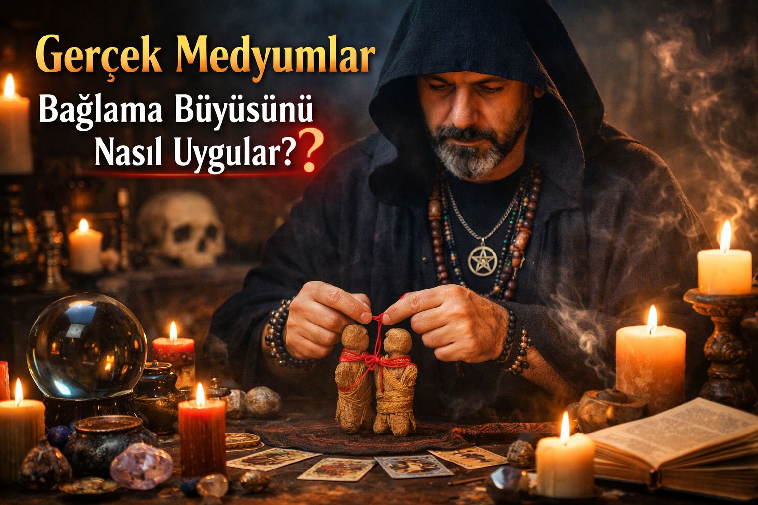 Gerçek bir medyum, bağlama büyüsü ritüelini uygularken mumlar, tarot kartları, kristal küre ve diğer ritüel objeleriyle mistik bir ortamda çalışıyor.